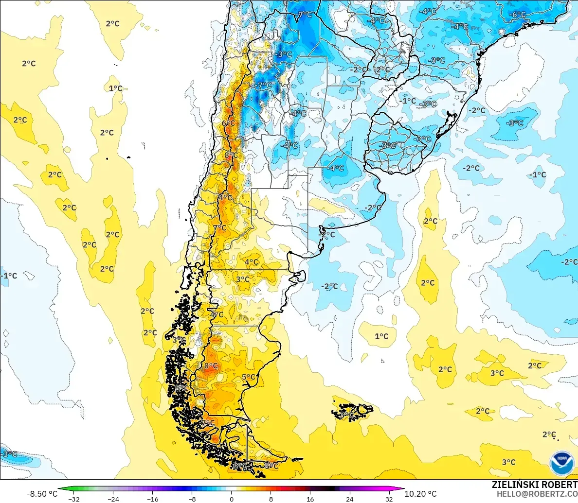 GFS modelo - Argentina, Anomalía de temperatura a 2 m