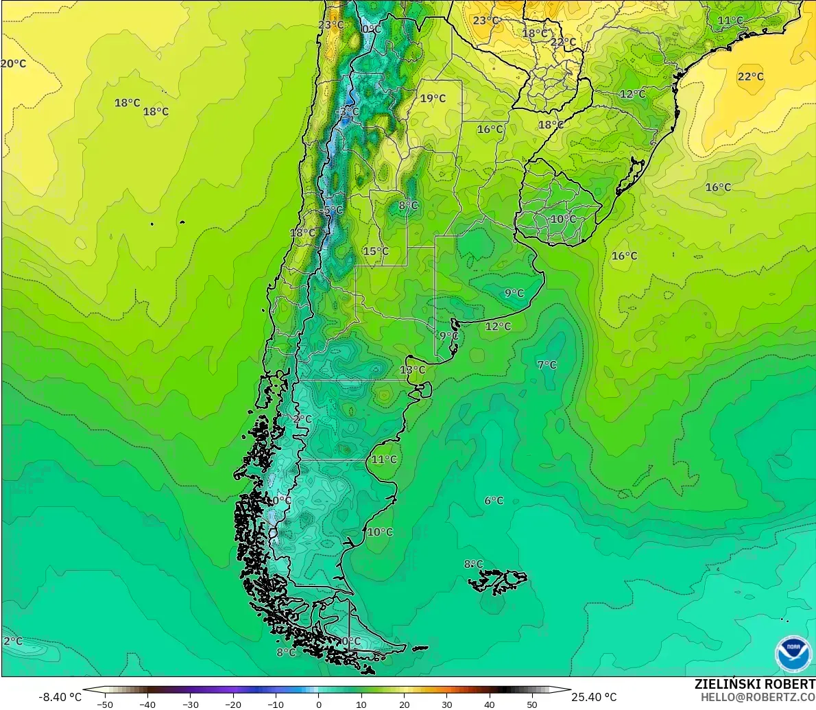 GFS modelo - Argentina, Temperatura a 2 m