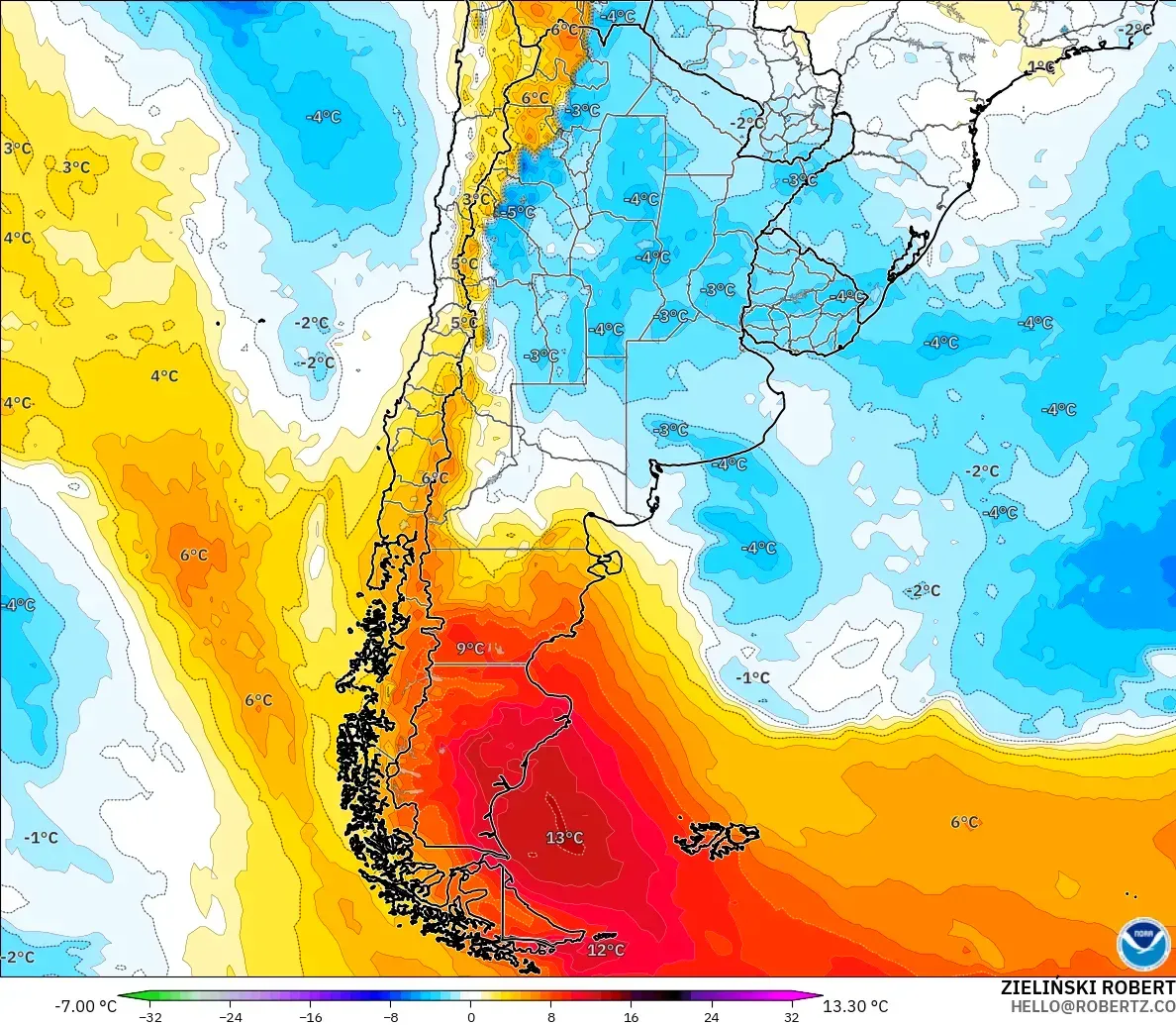 GFS modelo - Argentina, Anomalía de temperatura a 850 hPa