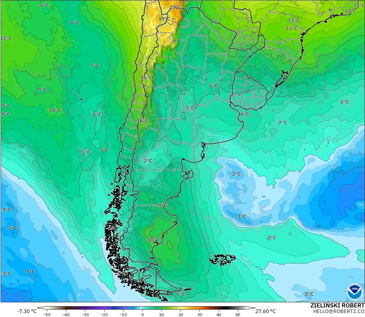 GFS modelo - Argentina, Temperatura a 850 hPa