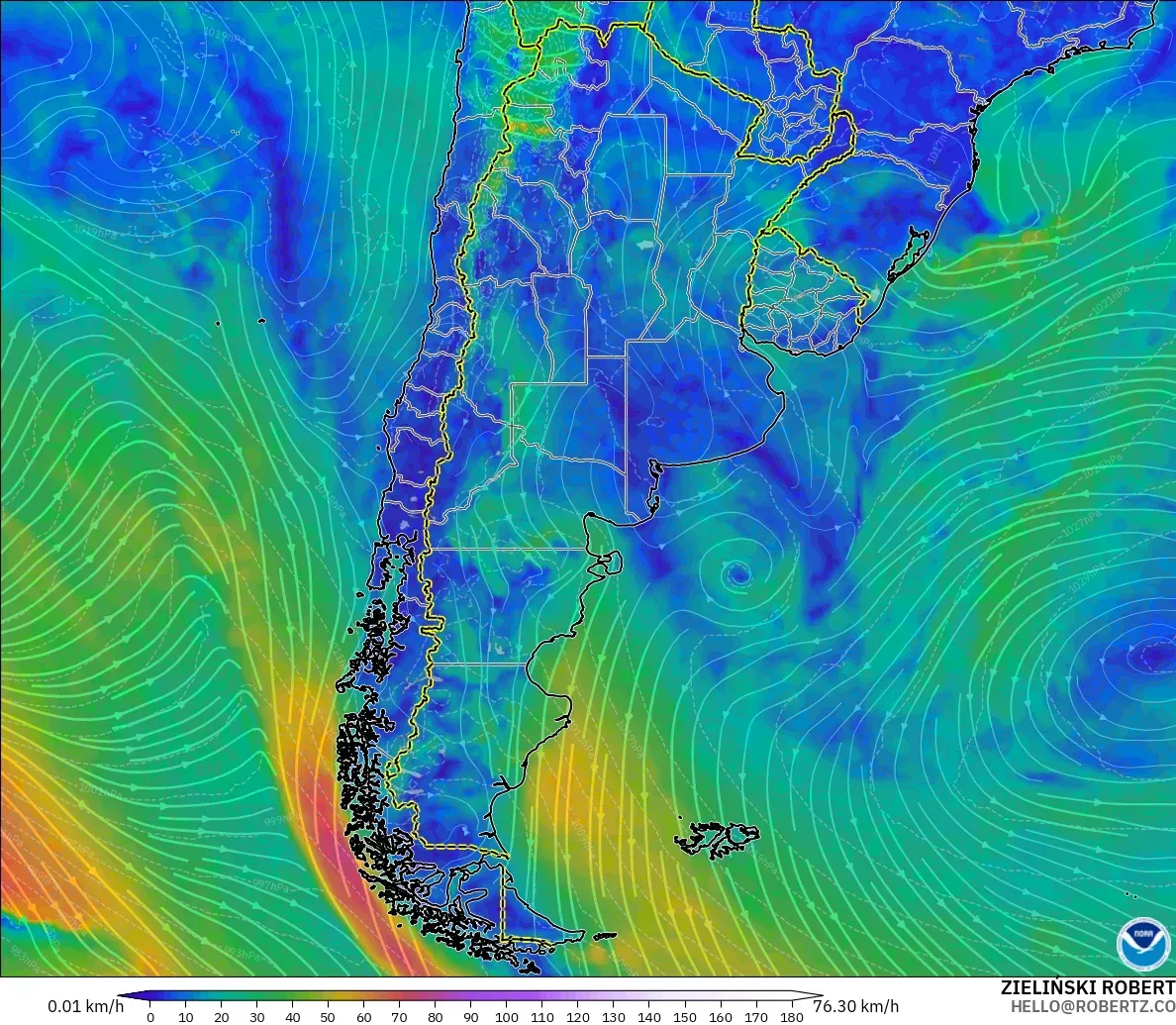 GFS modelo - Argentina, Viento a 10 m