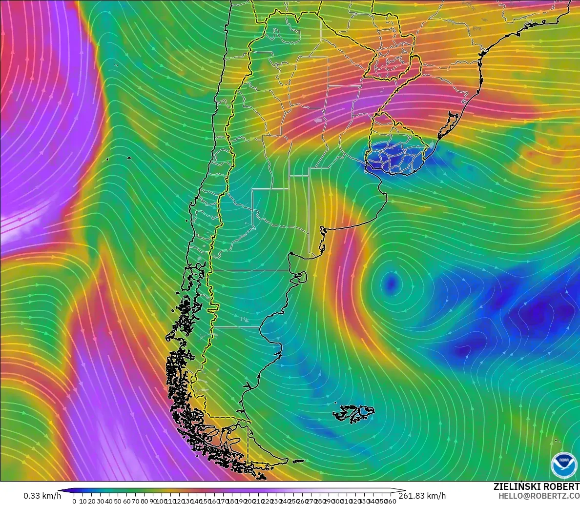 GFS modelo - Argentina, Viento a 300 hPa (corriente en chorro)