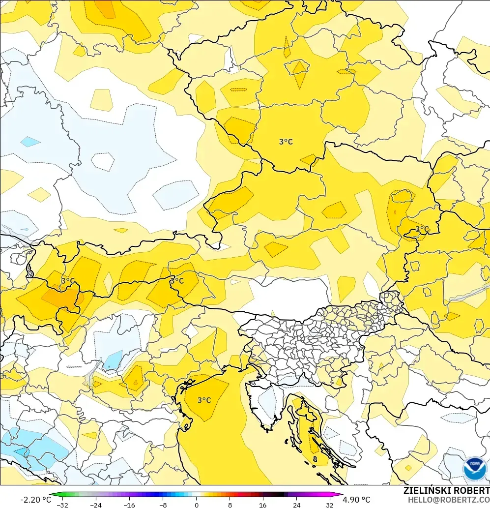 GFS modelo - Austria, Anomalía de temperatura a 2 m