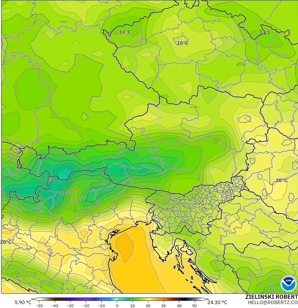 GFS modelo - Austria, Temperatura a 2 m