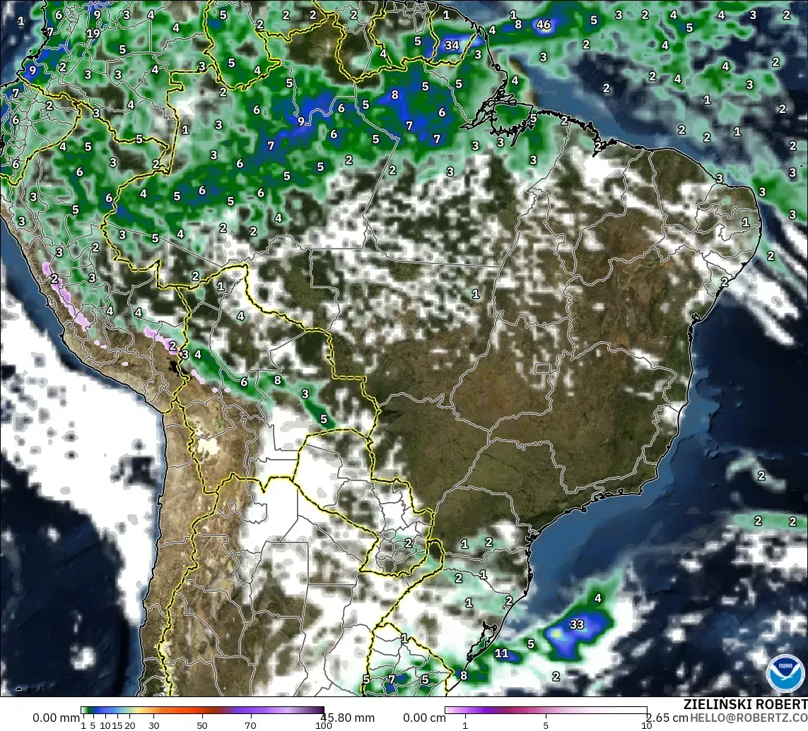 GFS modelo - Brasil, Precipitación, nubes y presión
