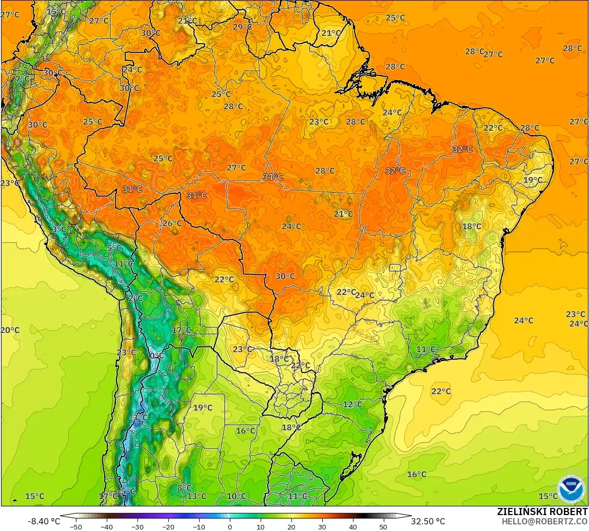 GFS modelo - Brasil, Temperatura a 2 m