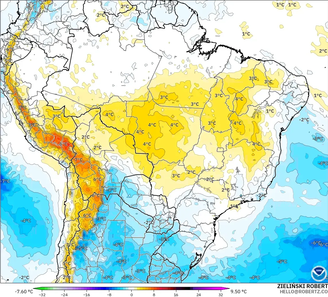 GFS modelo - Brasil, Anomalía de temperatura a 850 hPa