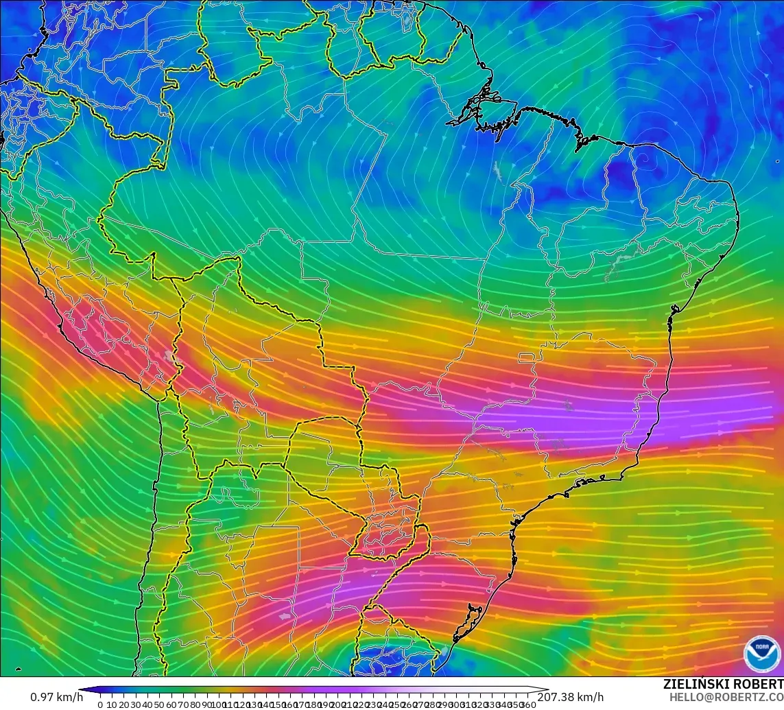 GFS modelo - Brasil, Viento a 300 hPa (corriente en chorro)