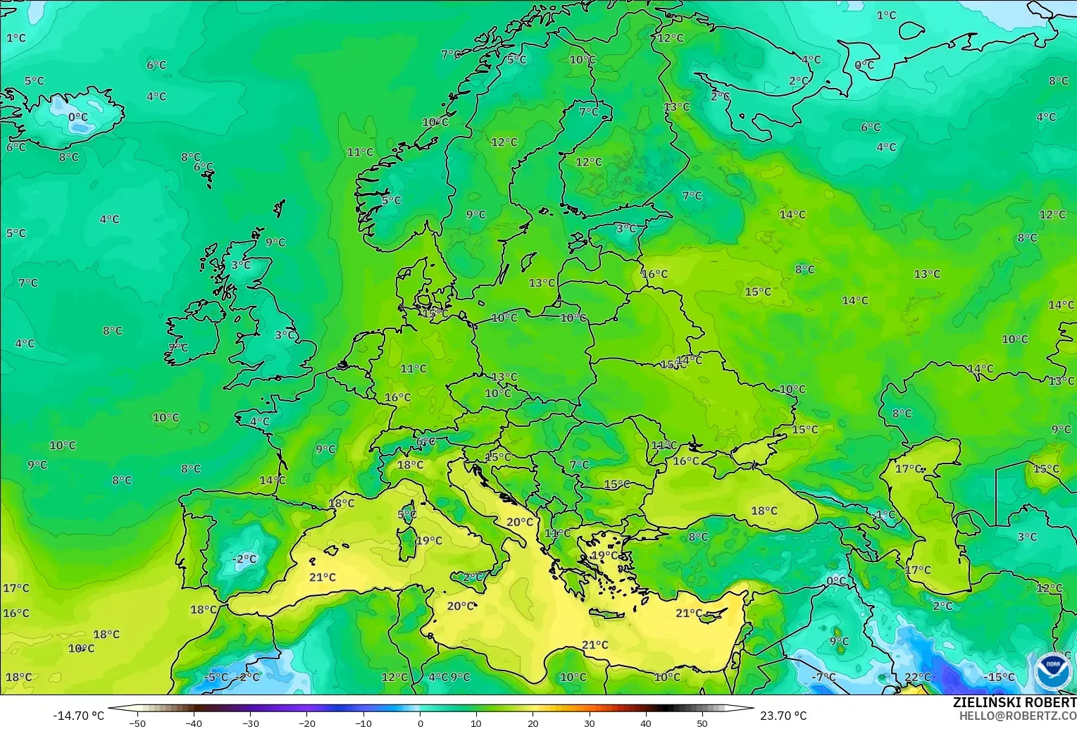GFS modelo - Europa, Punto de rocío a 2 m