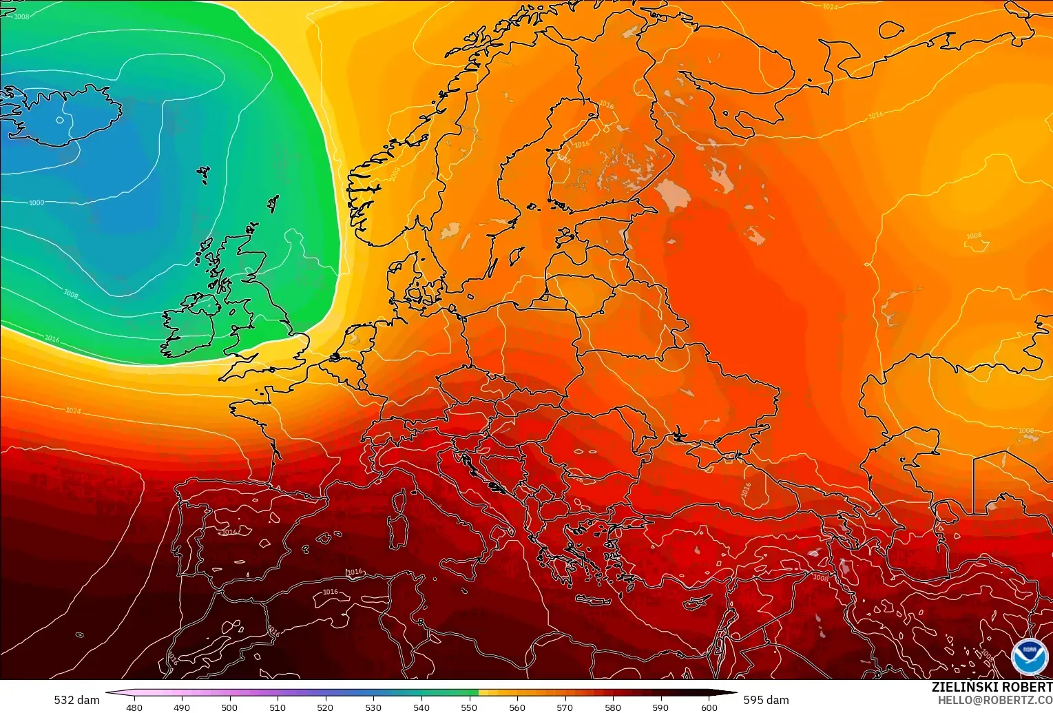 GFS modelo - Europa, Altura geopotencial a 500 hPa