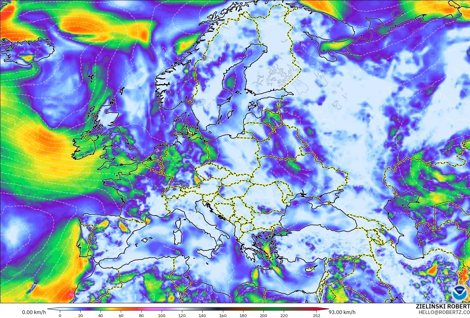 GFS modelo - Europa, Ráfagas de viento