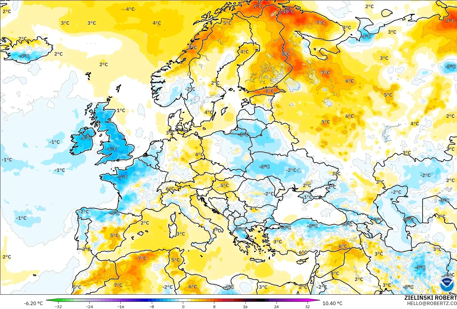 GFS modelo - Europa, Anomalía de temperatura a 2 m