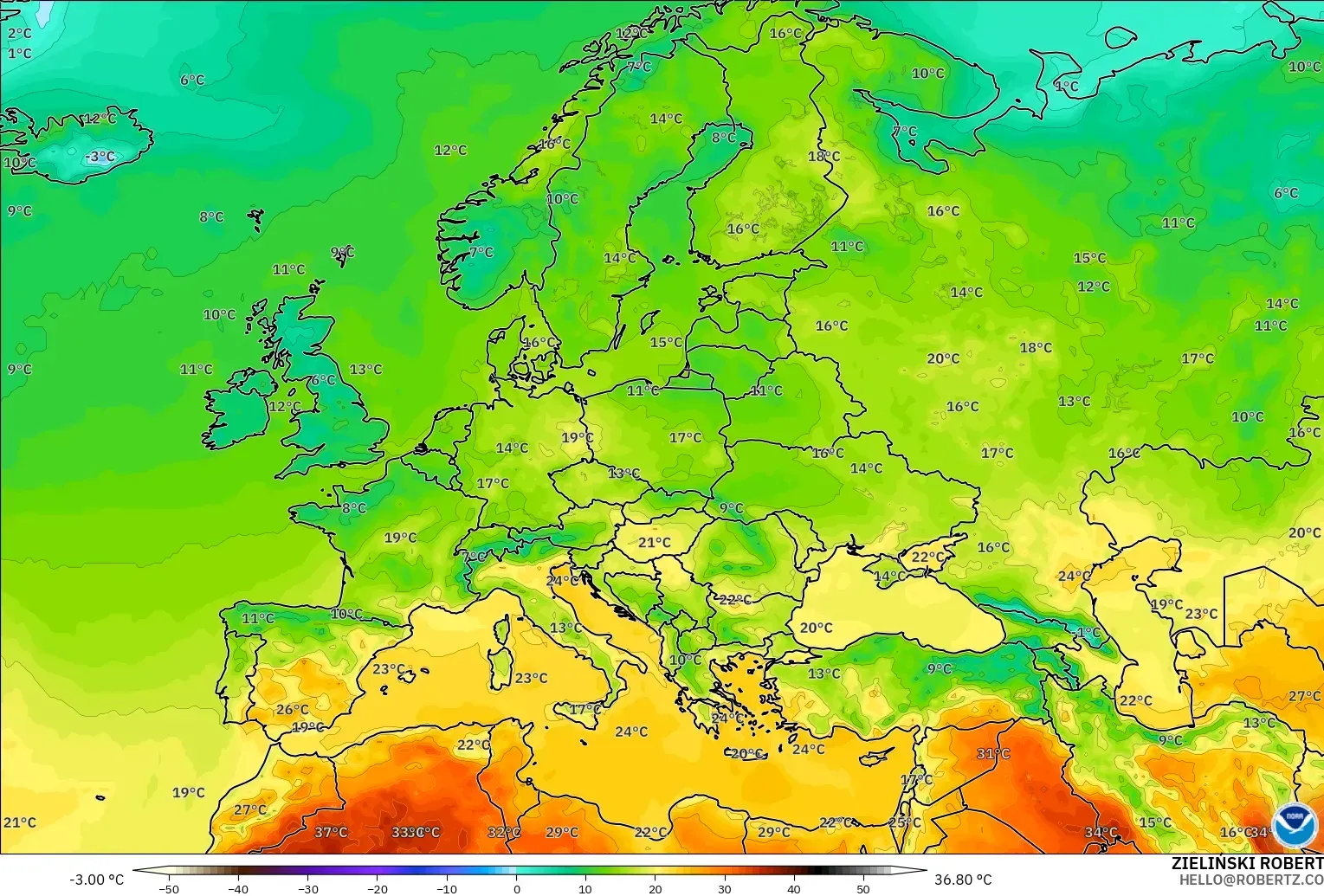 GFS modelo - Europa, Temperatura a 2 m