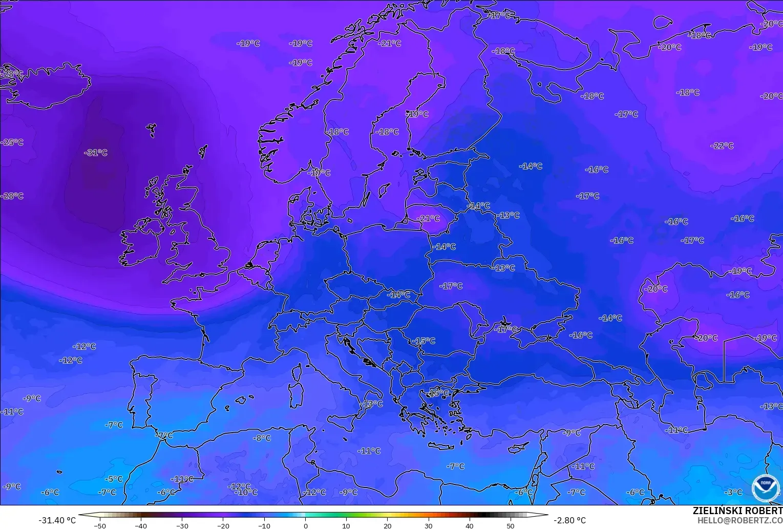 GFS modelo - Europa, Temperatura a 500 hPa