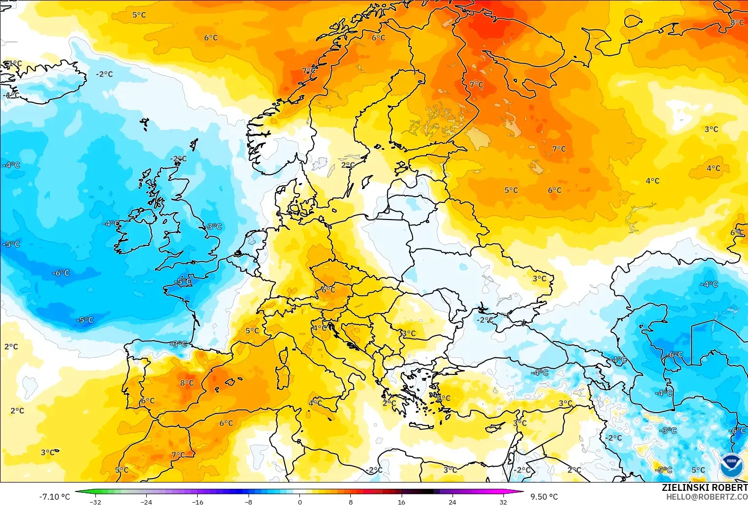 GFS modelo - Europa, Anomalía de temperatura a 850 hPa