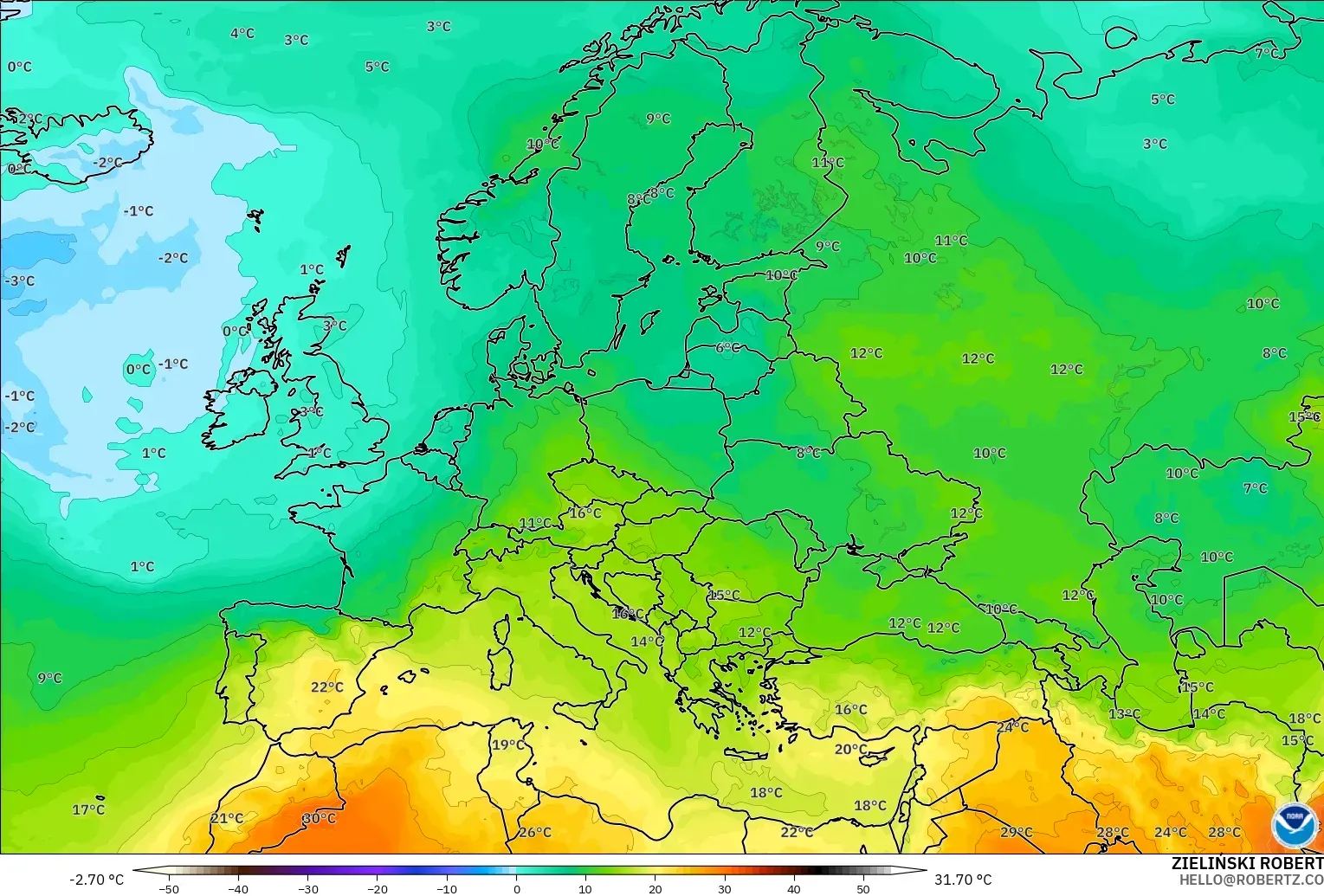 GFS modelo - Europa, Temperatura a 850 hPa