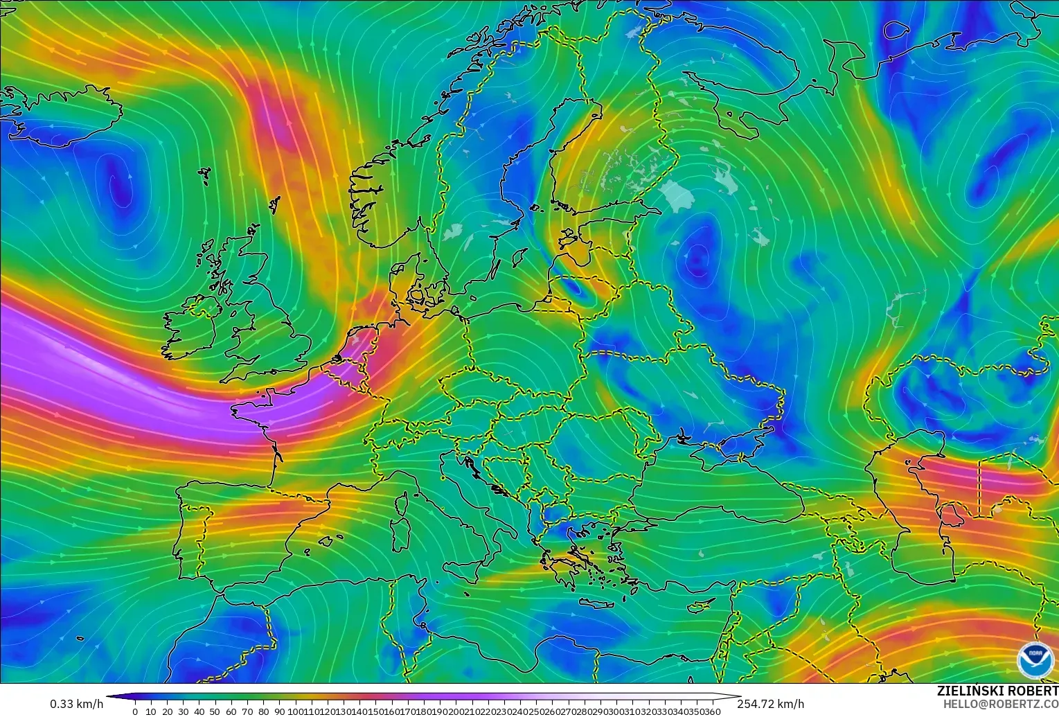 GFS modelo - Europa, Viento a 300 hPa (corriente en chorro)