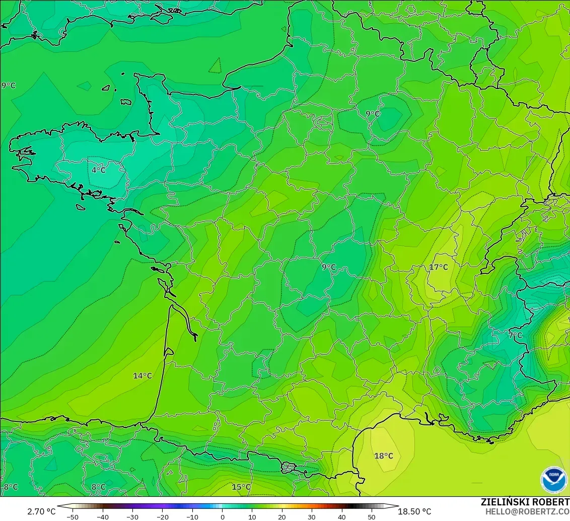 GFS modelo - Francia, Punto de rocío a 2 m