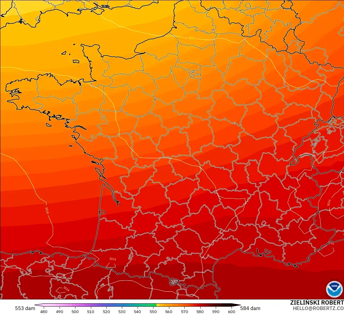 GFS modelo - Francia, Altura geopotencial a 500 hPa
