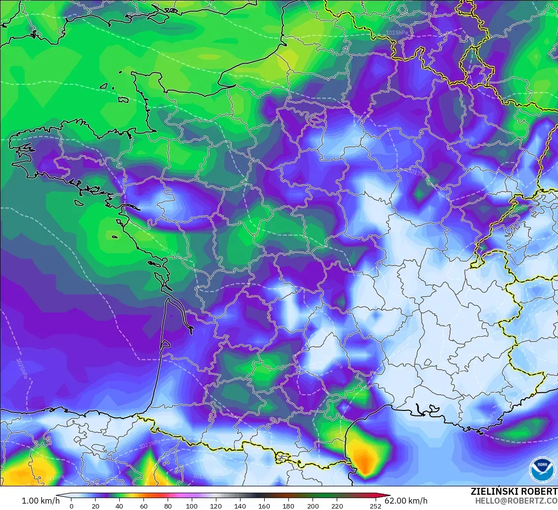 GFS modelo - Francia, Ráfagas de viento