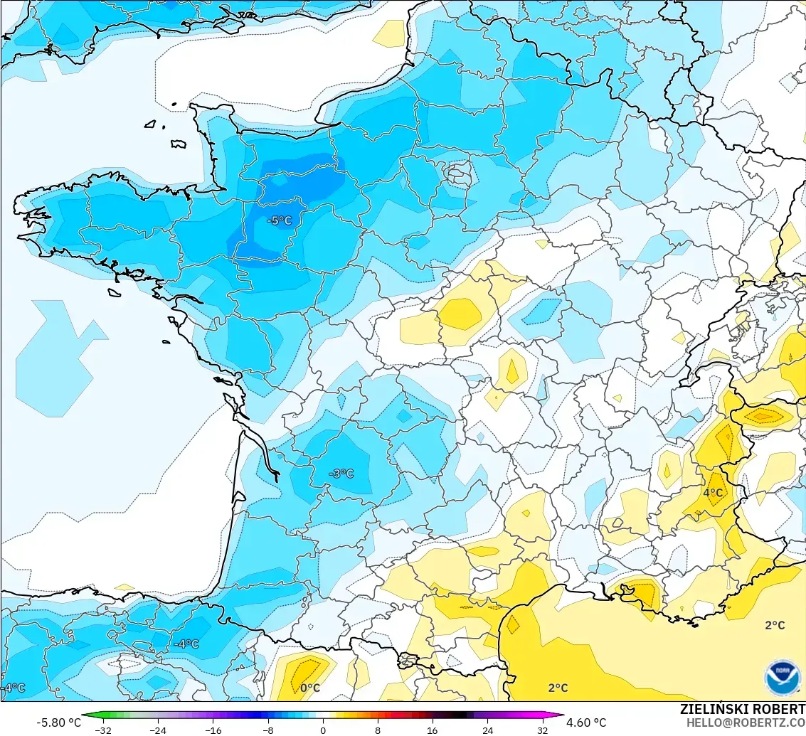 GFS modelo - Francia, Anomalía de temperatura a 2 m