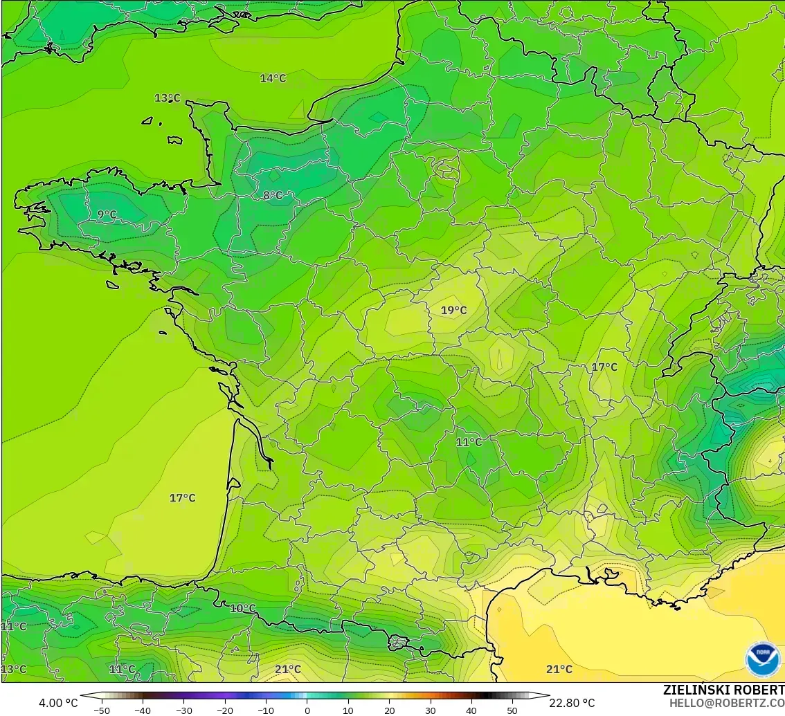 GFS modelo - Francia, Temperatura a 2 m