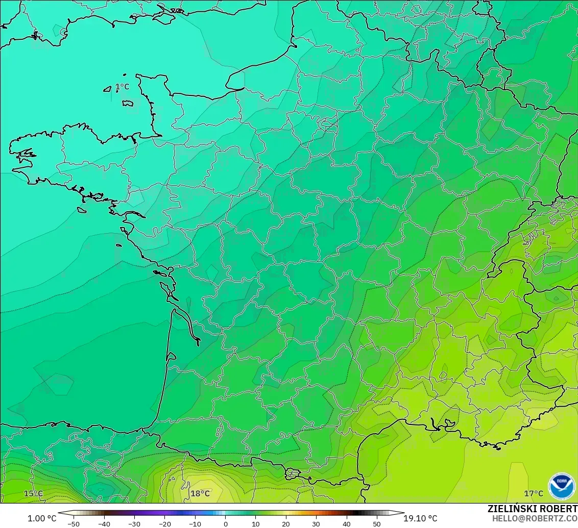 GFS modelo - Francia, Temperatura a 850 hPa