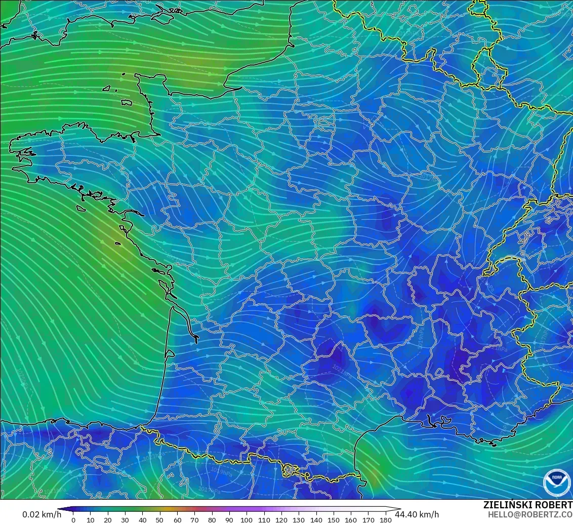 GFS modelo - Francia, Viento a 10 m