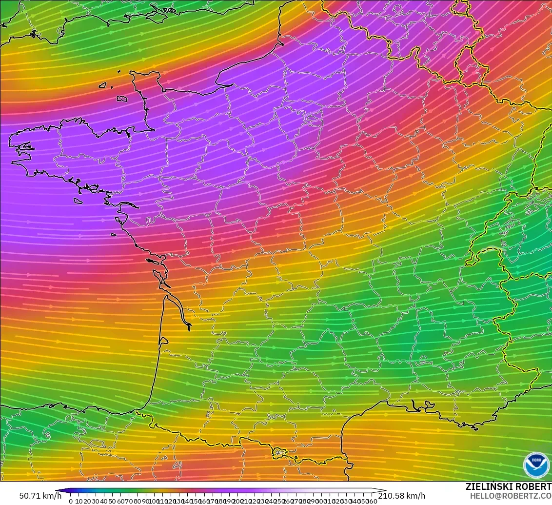 GFS modelo - Francia, Viento a 300 hPa (corriente en chorro)