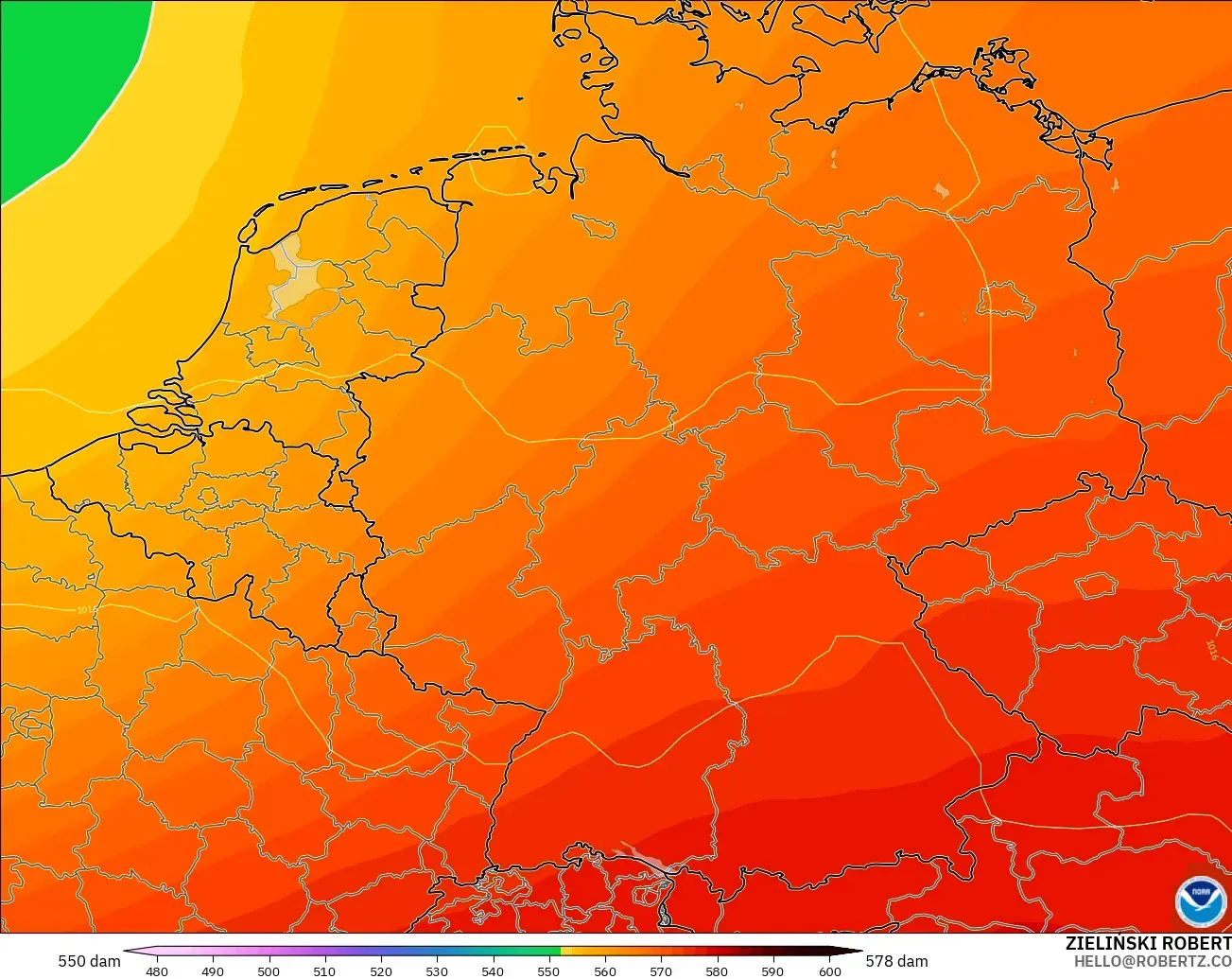 GFS modelo - Alemania, Altura geopotencial a 500 hPa