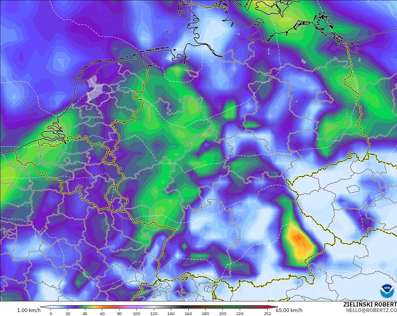 GFS modelo - Alemania, Ráfagas de Viento Máximas