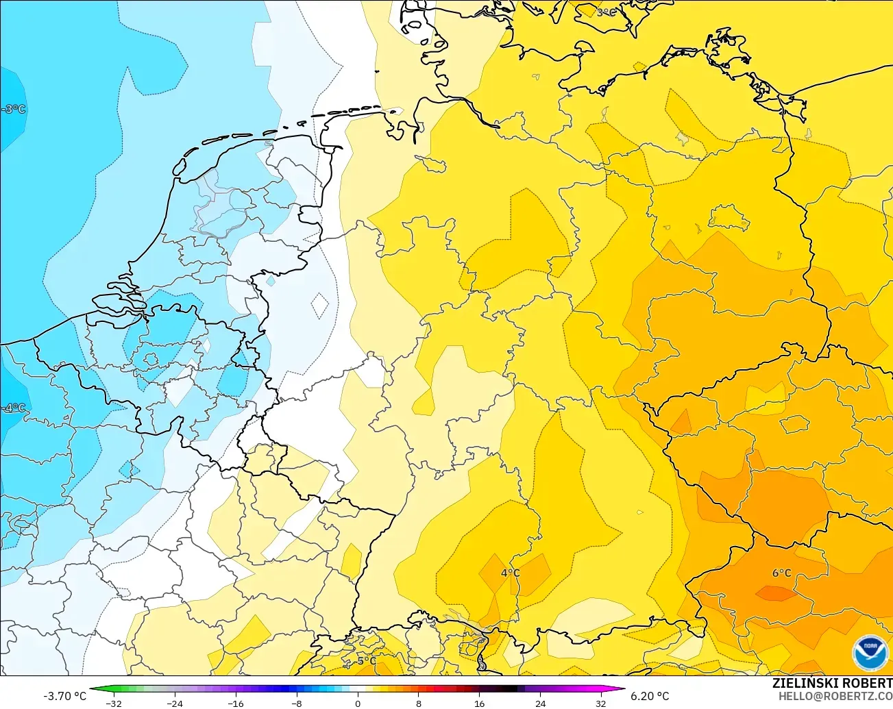 GFS modelo - Alemania, Anomalía de temperatura a 850 hPa