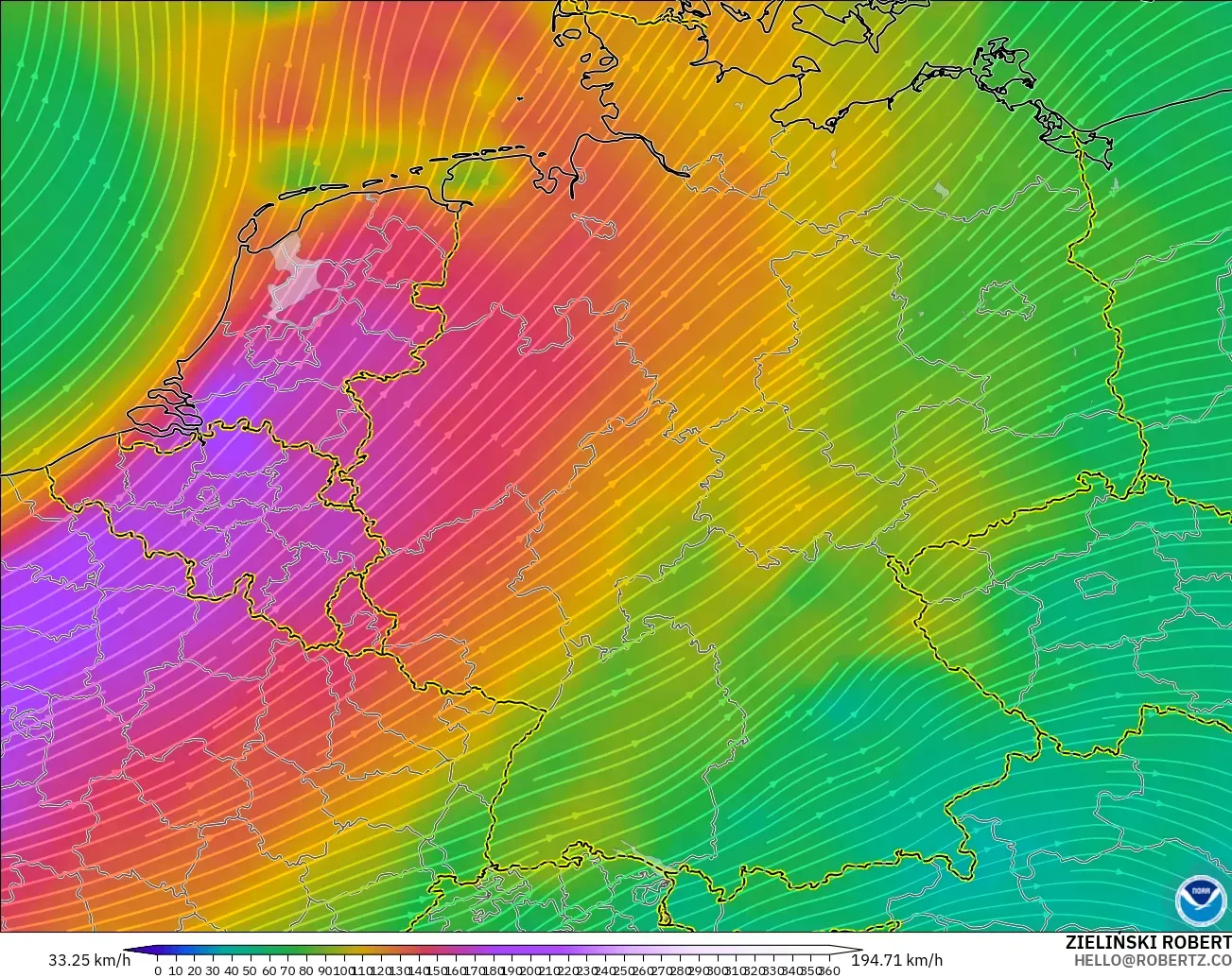 GFS modelo - Alemania, Viento a 300 hPa (corriente en chorro)