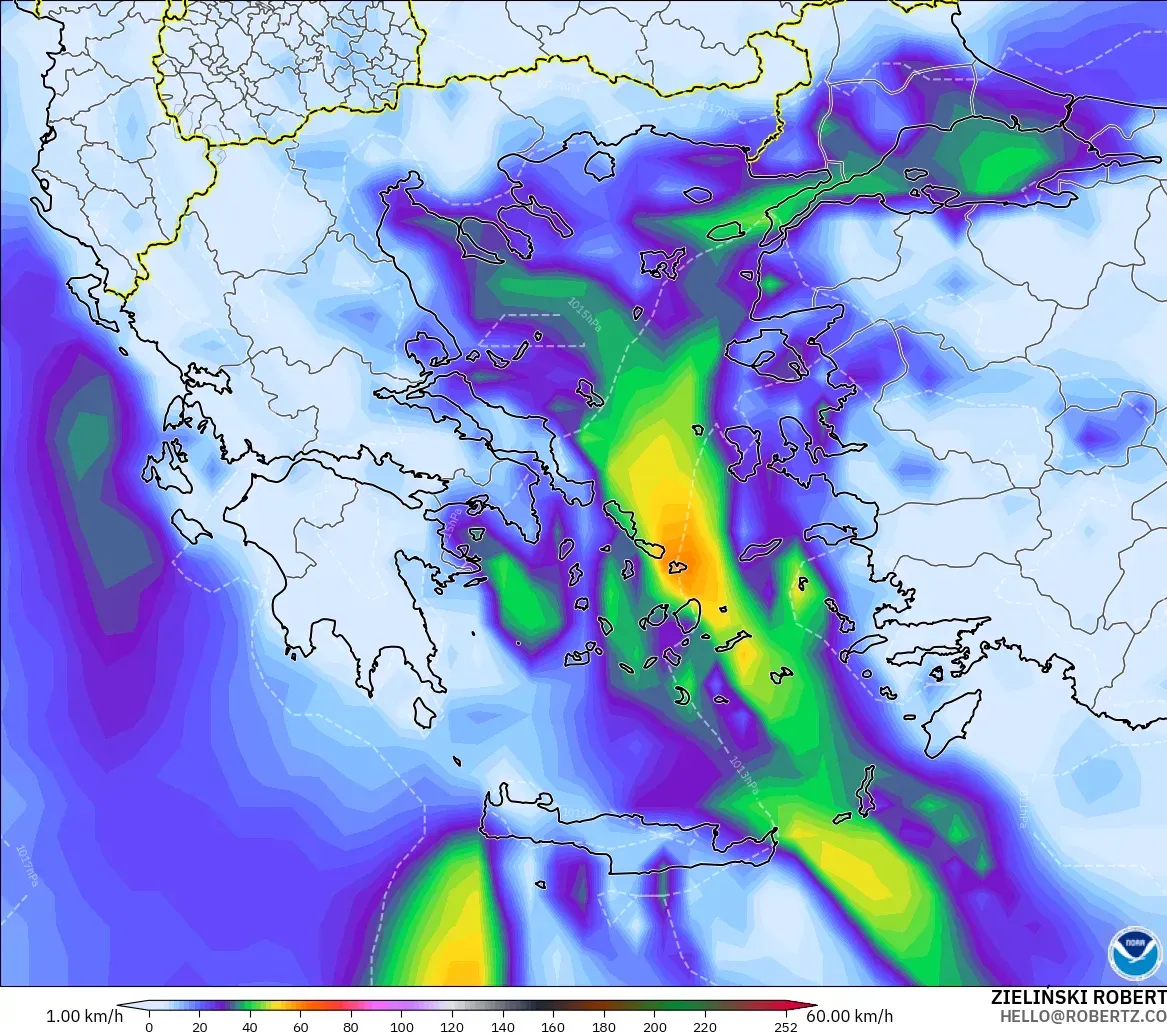 GFS modelo - Grecia, Ráfagas de Viento Máximas