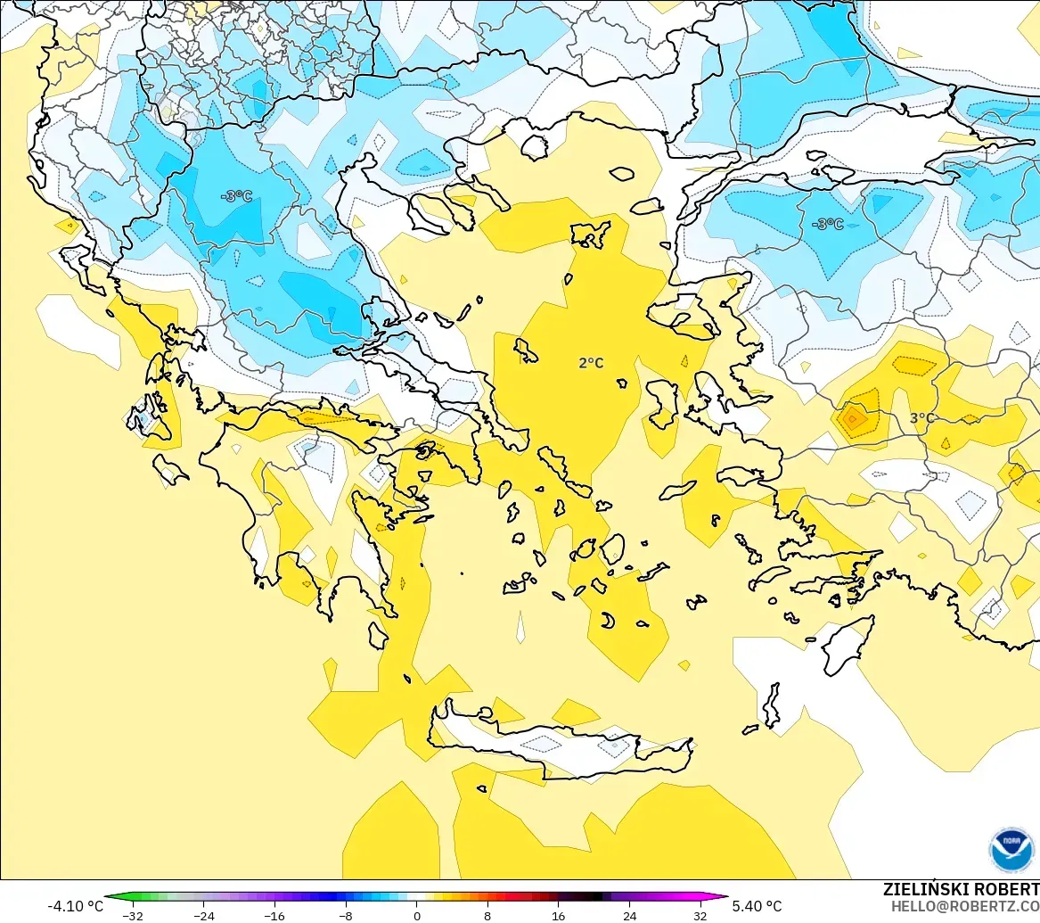 GFS modelo - Grecia, Anomalía de temperatura a 2 m