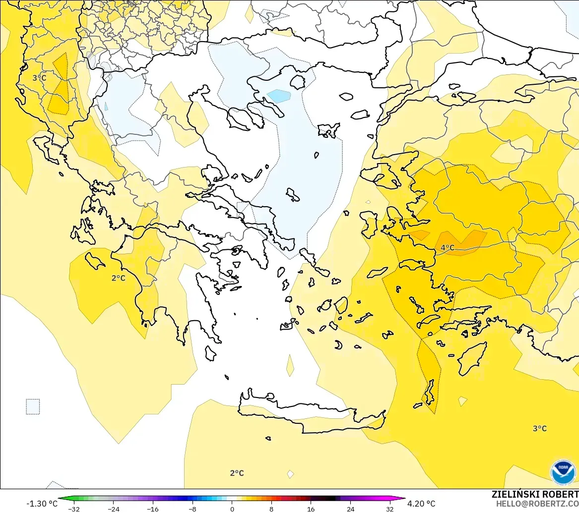 GFS modelo - Grecia, Anomalía de temperatura a 850 hPa