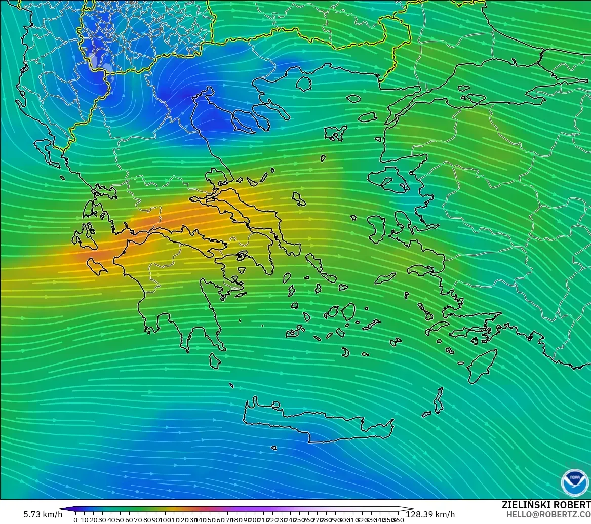GFS modelo - Grecia, Viento a 300 hPa (corriente en chorro)