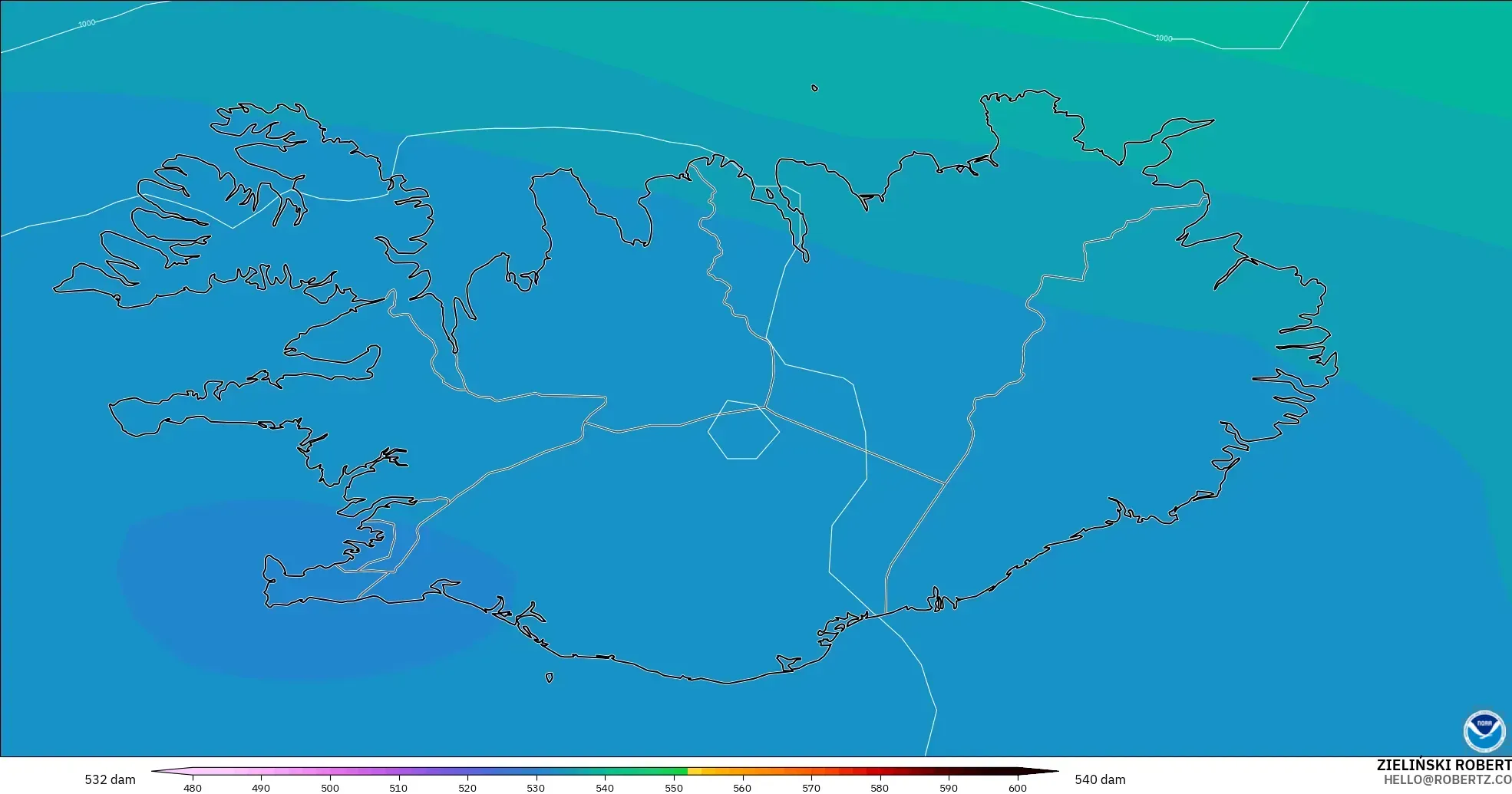 GFS modelo - Islandia, Altura geopotencial a 500 hPa