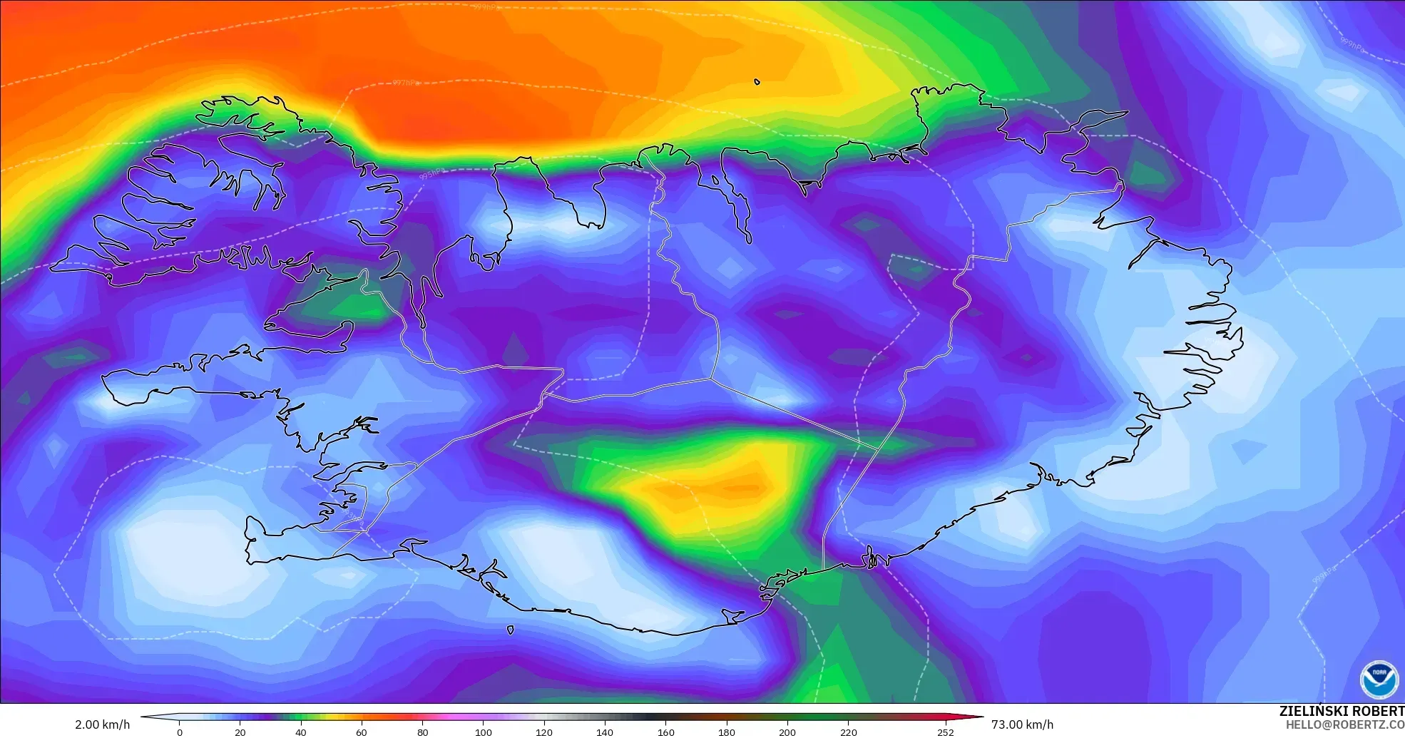 GFS modelo - Islandia, Ráfagas de Viento Máximas