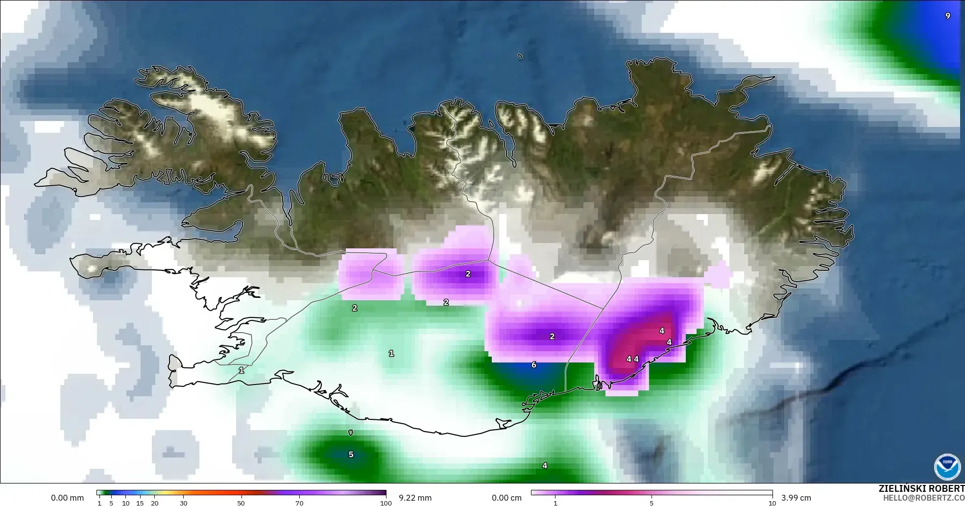 GFS modelo - Islandia, Precipitación, nubes y presión