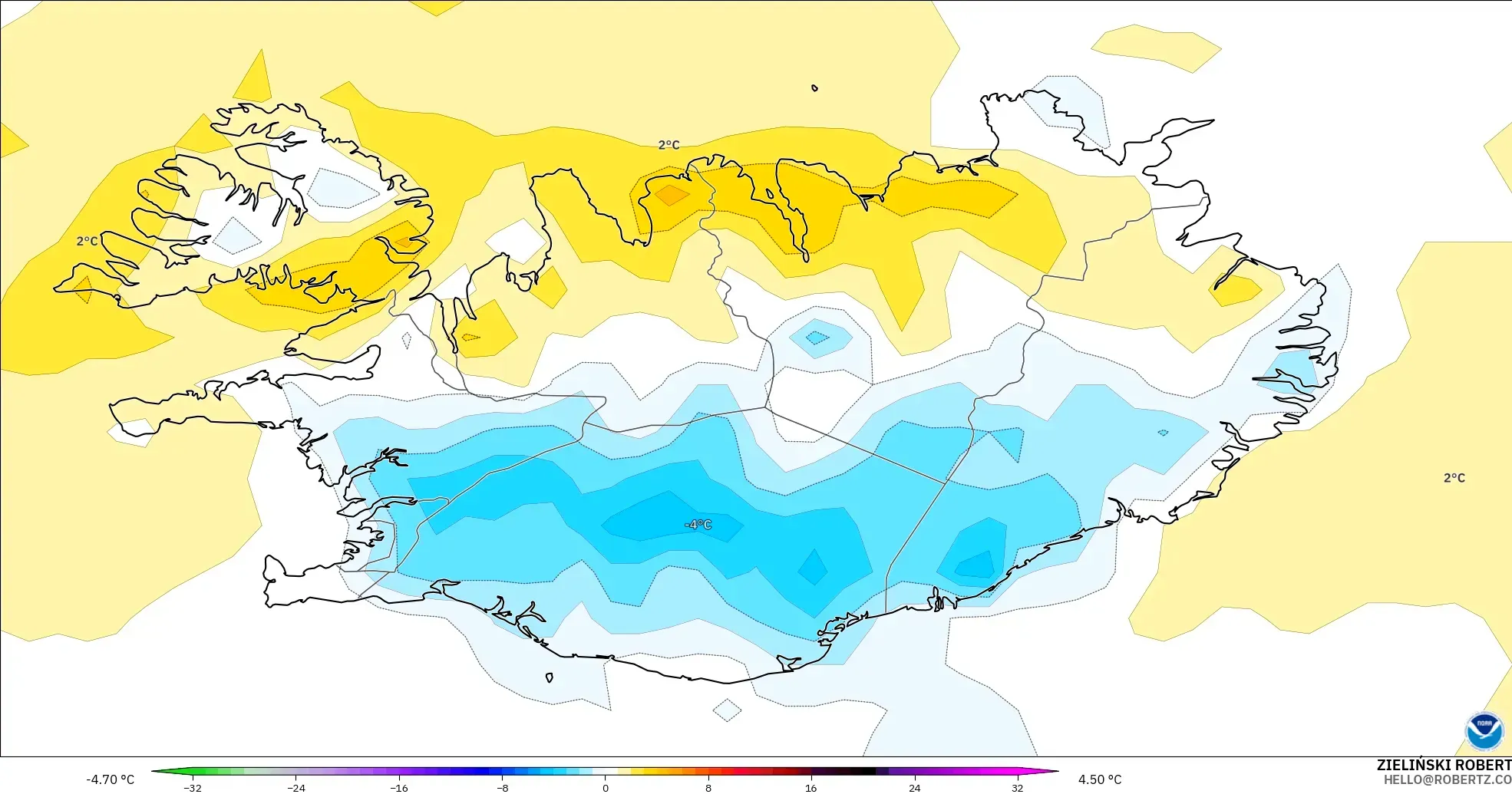 GFS modelo - Islandia, Anomalía de temperatura a 2 m