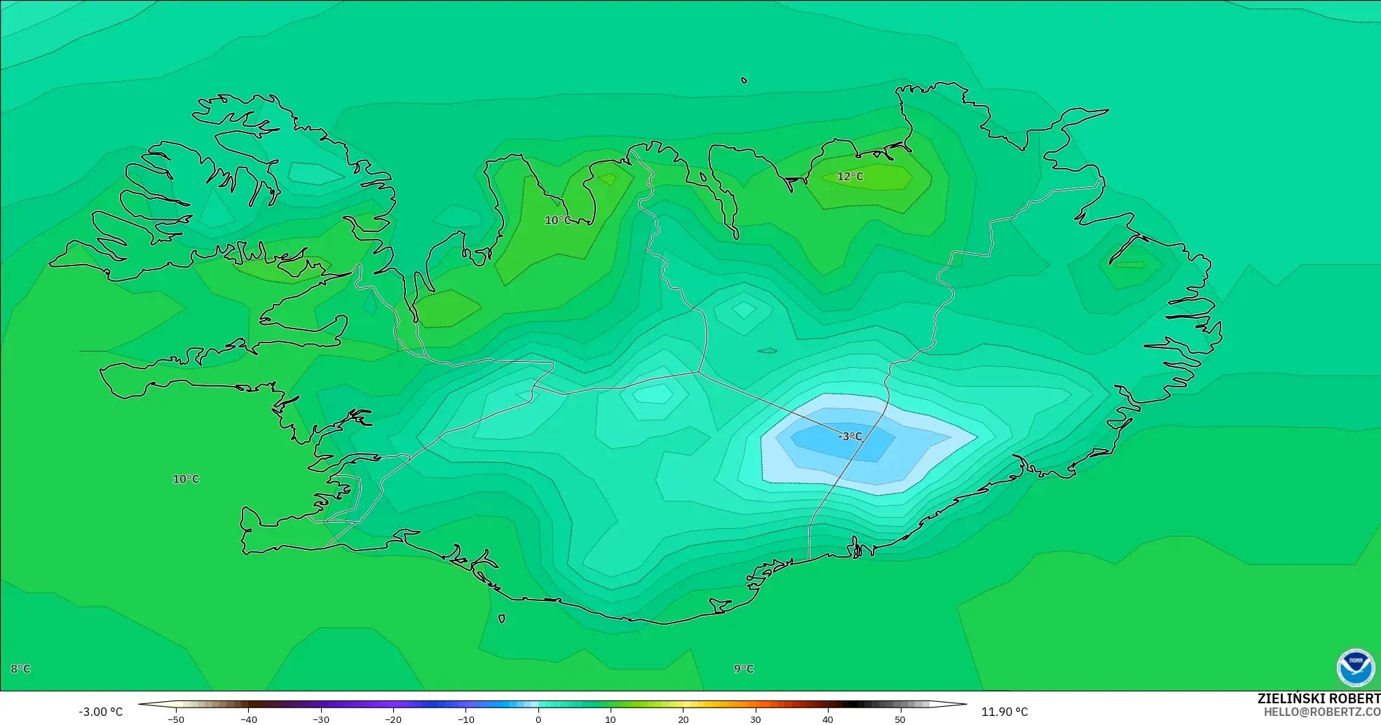 GFS modelo - Islandia, Temperatura a 2 m