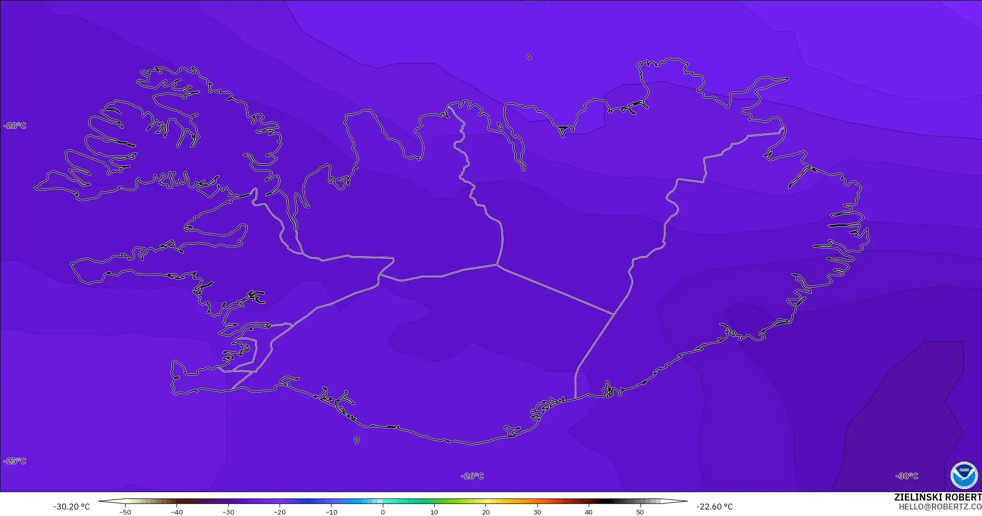 GFS modelo - Islandia, Temperatura a 500 hPa