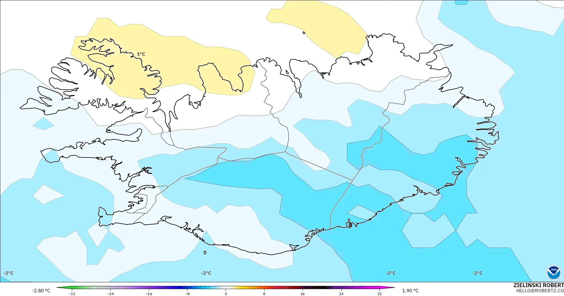 GFS modelo - Islandia, Anomalía de temperatura a 850 hPa