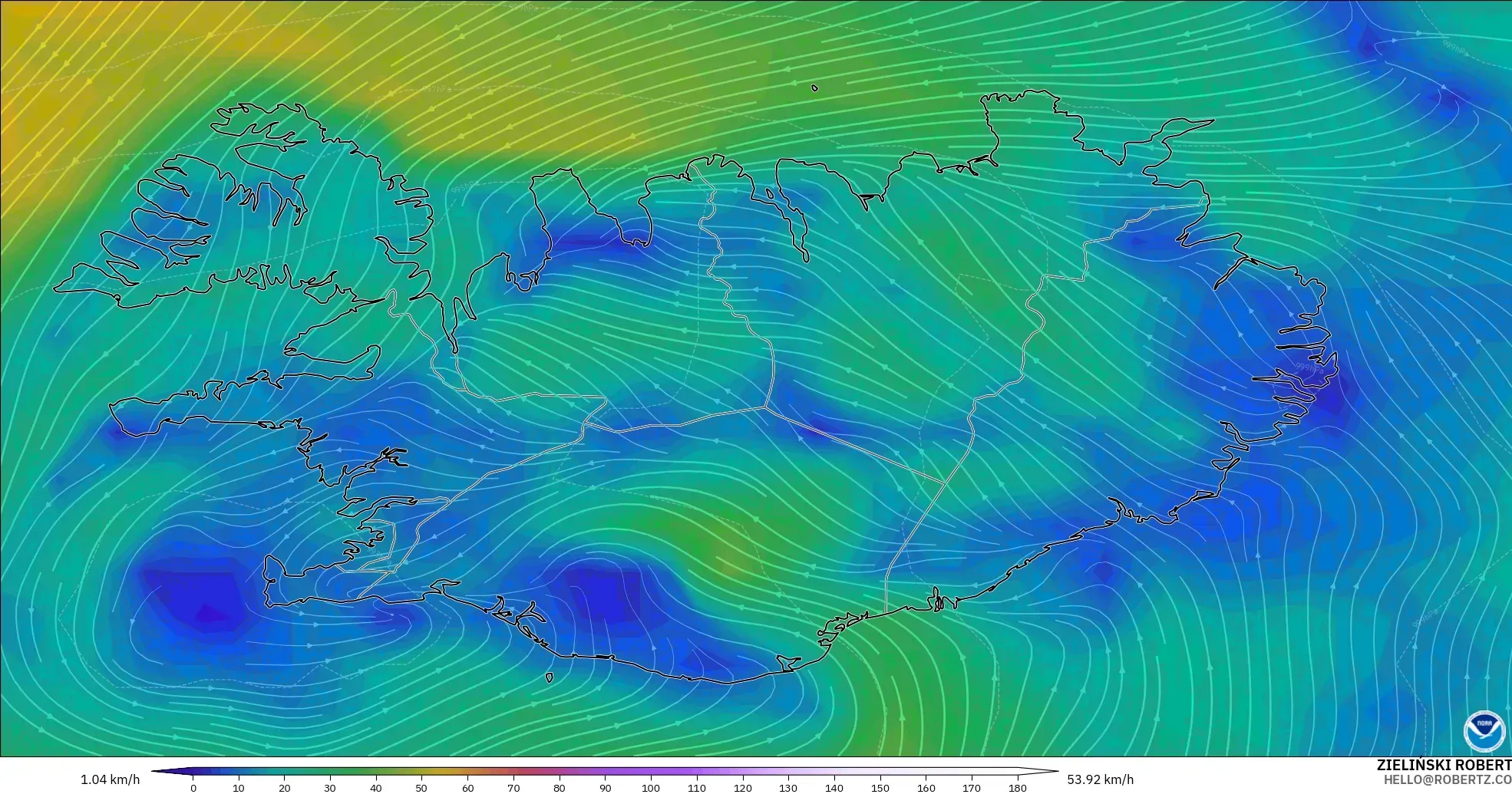 GFS modelo - Islandia, Viento a 10 m