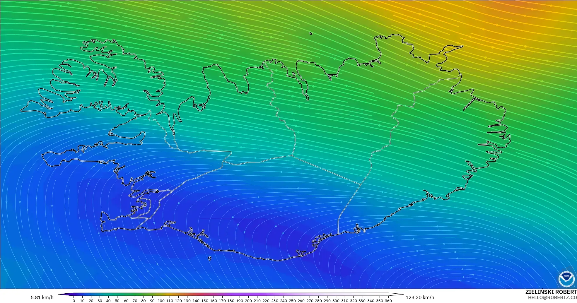 GFS modelo - Islandia, Viento a 300 hPa (corriente en chorro)