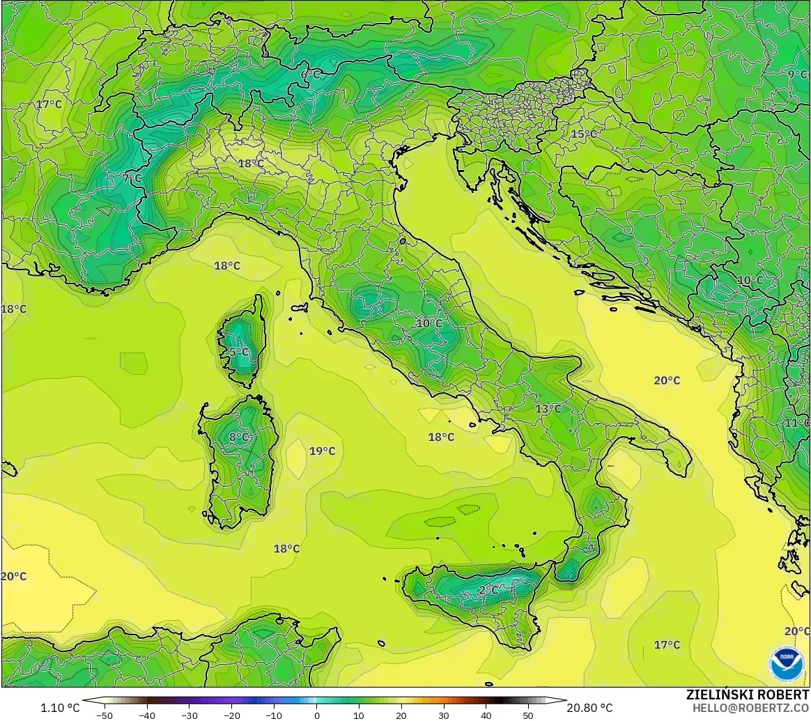 GFS modelo - Italia, Punto de rocío a 2 m