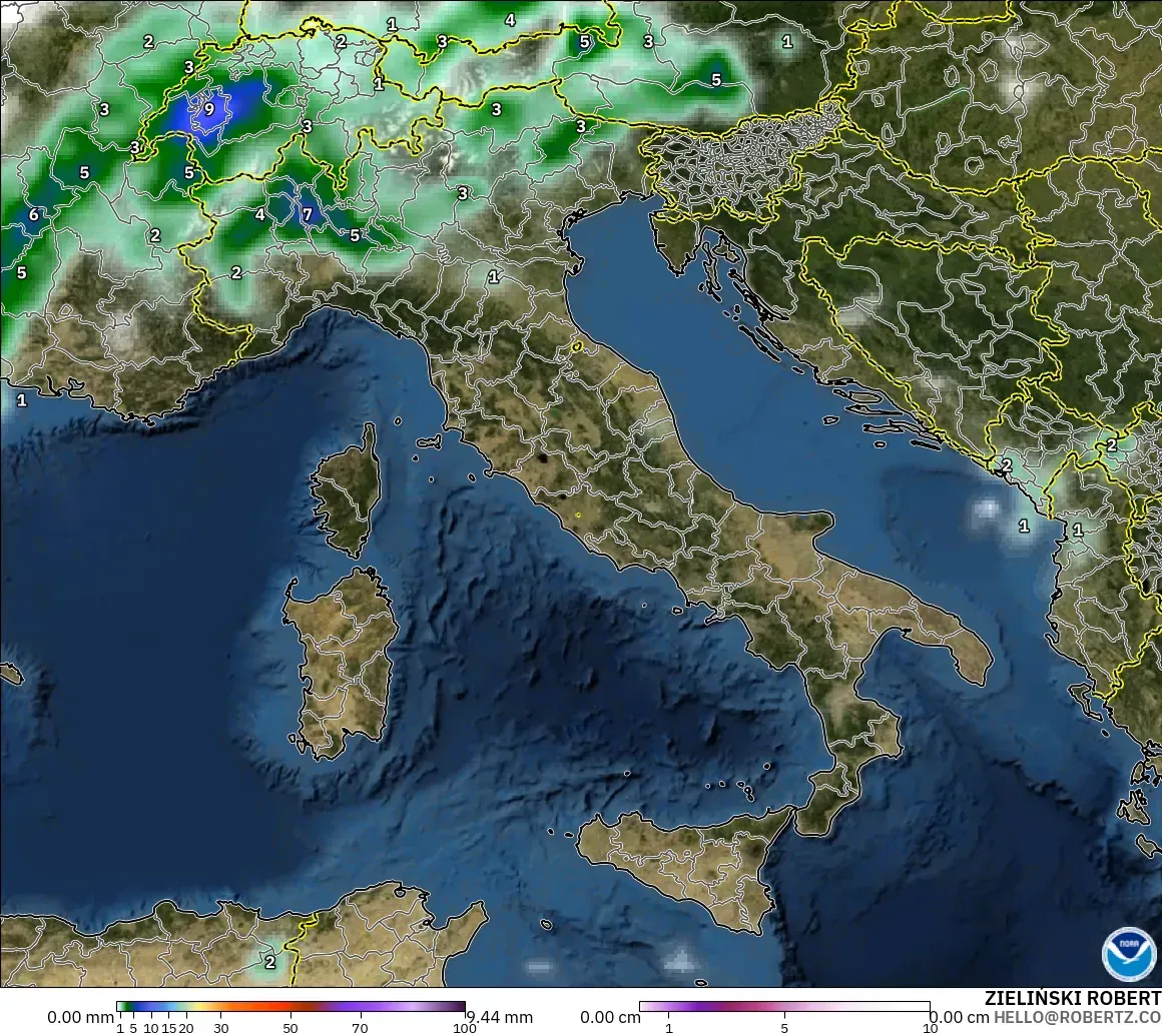 GFS modelo - Italia, Precipitación, nubes y presión