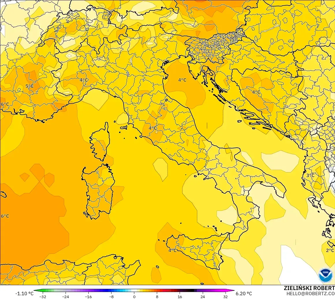 GFS modelo - Italia, Anomalía de temperatura a 850 hPa