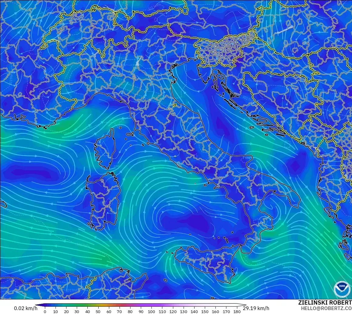 GFS modelo - Italia, Viento a 10 m